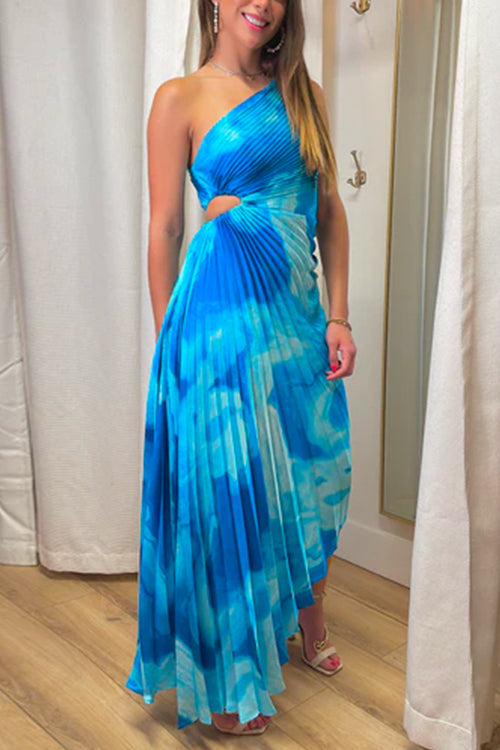 Printed One Shoulder Cut Out Pleated Maxi Dress