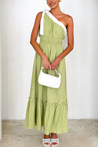 Tie Bow One Shoulder Waisted Ruffle Maxi Dress