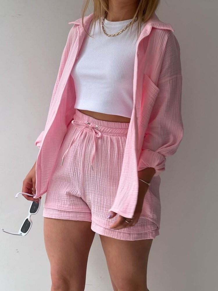 Long-sleeved Shirt And High-waisted Drawstring Shorts Casual Two-piece Set