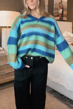 V Neck Rainbow Striped Casual Pullover Sweater