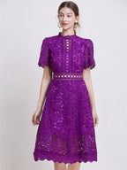 Lace Waist-cinching Hollow-out Midi Dress