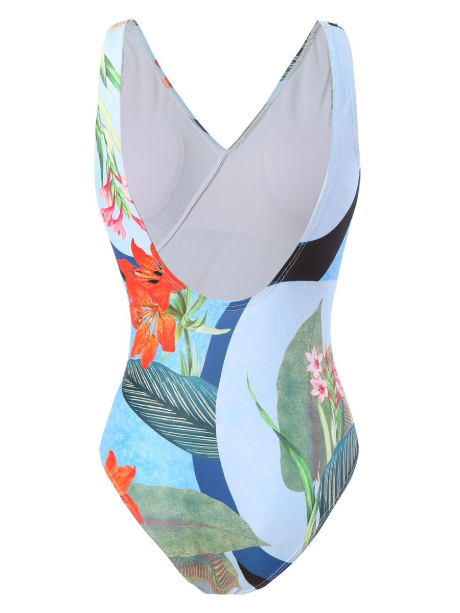One-piece Swimsuit With Cross-over Print, Revealing Backpack And Hip-revealing Long Skirt (two-piece Set)