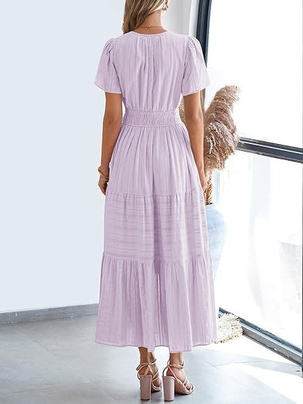 V-neck, Gathered, Puff Sleeve, Full Skirt, Short-sleeved Long Dress