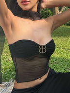 Low Cut Metal Decor Mesh Bandeau Top