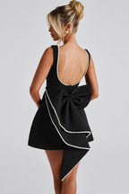 Scoop Back Pearl Trim Oversized Bow Back Mini Dress