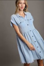 Aaliyah Minimalist Shirt Dress with Frayed Hem and Button Placket Premium Wardrobe Essential