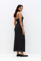 Polka Dot Mesh Ruched Square Neck Spaghetti Strap Bodycon Maxi Dress