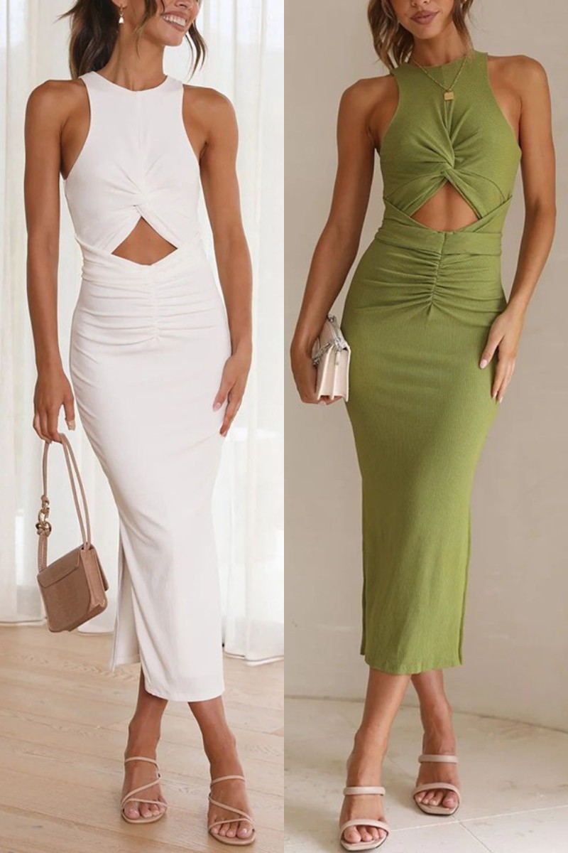 Ribbed Knit Racerfront Twist Front Cutout Ruched Waist Bodycon Midi Dress