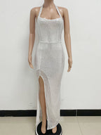 Sequin Birthday Party Dresses Sleeveless High-slit Semi Formal Prom Dress