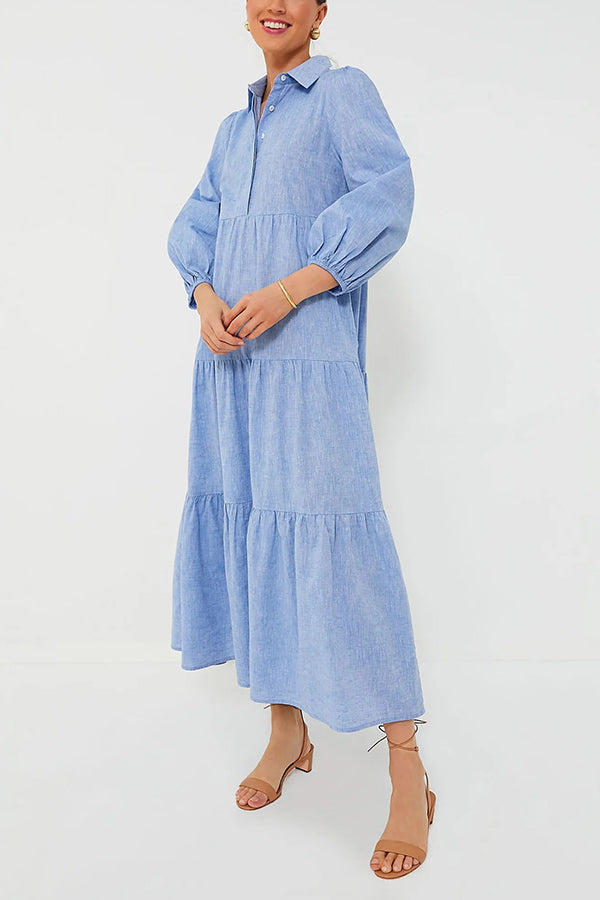 Collared Button Front Tiered Elastic Cuff Long Sleeve Midi Shirt Dress