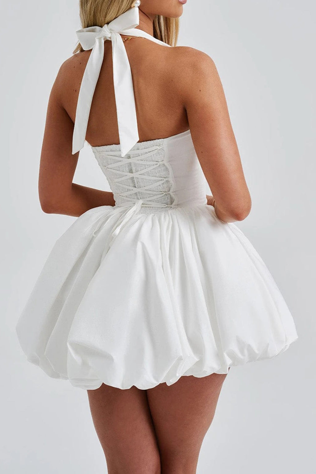 Halter Neck Lace Up Back Bubble Hem Fit and Flare Mini Dress