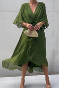 Deep V-Neck Flutter Sleeve Tie Waist Handkerchief Hem Midi Dress