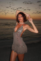 Halter Neck Deep V Sheer Mesh Mother-of-Pearl Button Tiered Ruffle Mini Dress