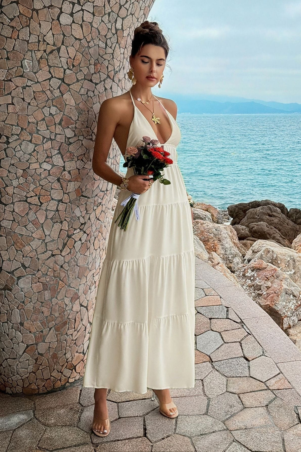 Deep V Neck Halter Smocked Waist Tiered Maxi Dress