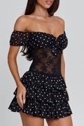 Black Off Shoulder Tie Front Lace Panel Tiered Polka Dot Mini Dress