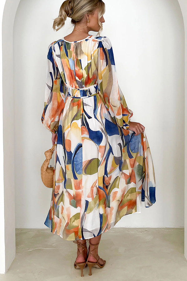 Abstract Watercolor Print Deep V-Neck Lantern Sleeve Smocked Waist Midi Dress
