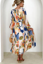 Abstract Watercolor Print Deep V-Neck Lantern Sleeve Smocked Waist Midi Dress