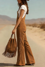Stylish Suede Tassel Button Pocket Casual Wide-leg Overalls