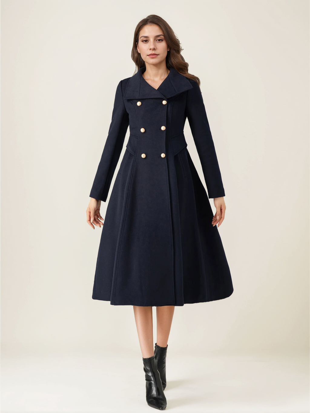 Woolen Flared Coat For Woman Stand Collar Dark Navy Vintage Double-breasted Winter Midi Outerwear 2026