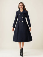 Woolen Flared Coat For Woman Stand Collar Dark Navy Vintage Double-breasted Winter Midi Outerwear 2026