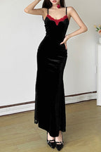 Velvet Sweetheart Spaghetti Strap Lace Trim Mermaid Maxi Gown