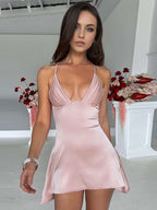Summer Dress V-Neck Pleated Backless Pink Mini Length Beach Dress