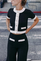 Fashionable Contrast Color Short-sleeved Button-down Top