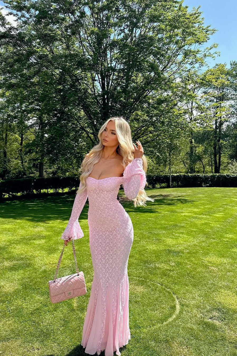 Lace Off Shoulder Bell Sleeve Sweetheart Mermaid Maxi Gown