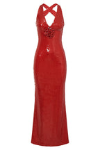 Sequin Deep V-Neck 3D Floral Applique Bodycon Maxi Gown