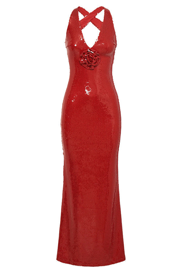 Sequin Deep V-Neck 3D Floral Applique Bodycon Maxi Gown