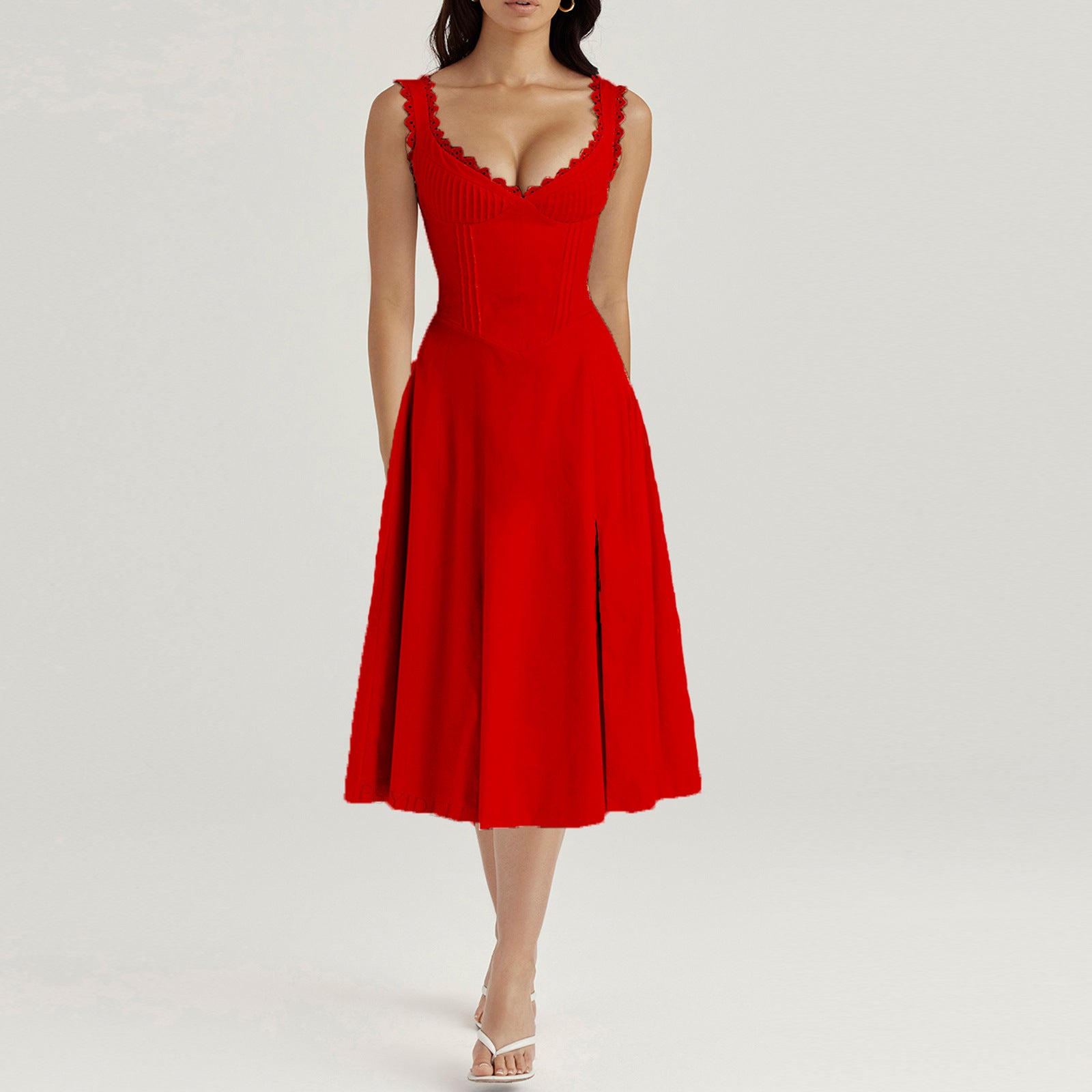 Corset Midi Dress with Lace Trim and Side Slit