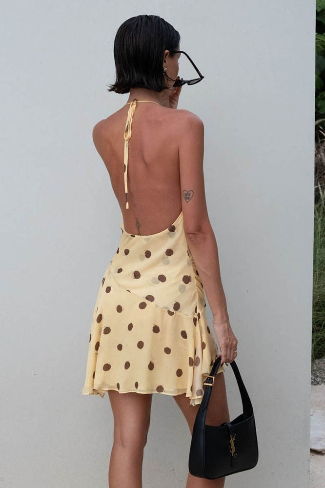 Polka Dot Halter Neck Cowl Front Ruched Side Flounce Hem Mini Dress