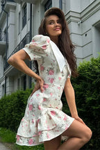 Floral Puff Sleeve Contrast Collar Button Front Ruffle Hem Mini Dress