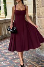 Square Neck Wide Strap Pleated Fit and Flare Midi Dress