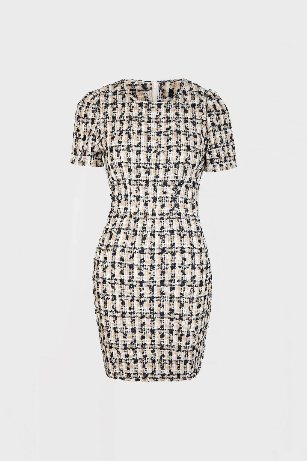 Plaid Tweed Short Sleeve Crew Neck Mini Dress
