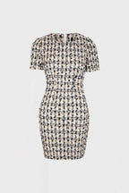 Plaid Tweed Short Sleeve Crew Neck Mini Dress