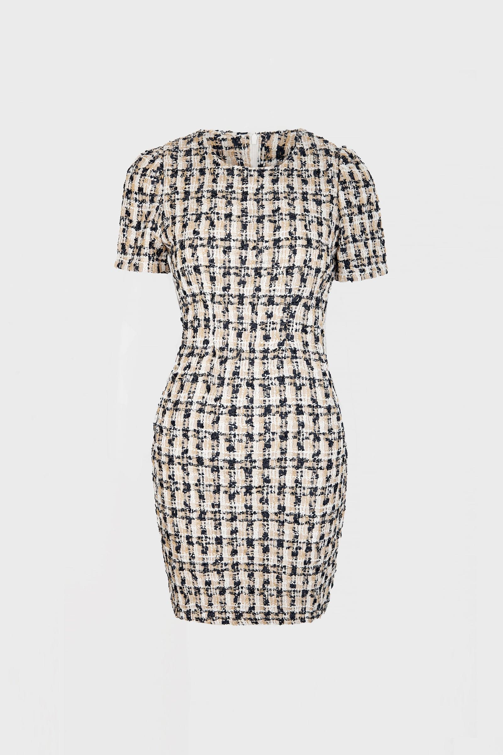Plaid Tweed Short Sleeve Crew Neck Mini Dress