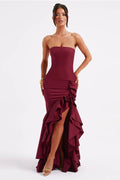 Strapless Corset Bustier High Split Ruffle Trim Mermaid Maxi Cocktail Dress