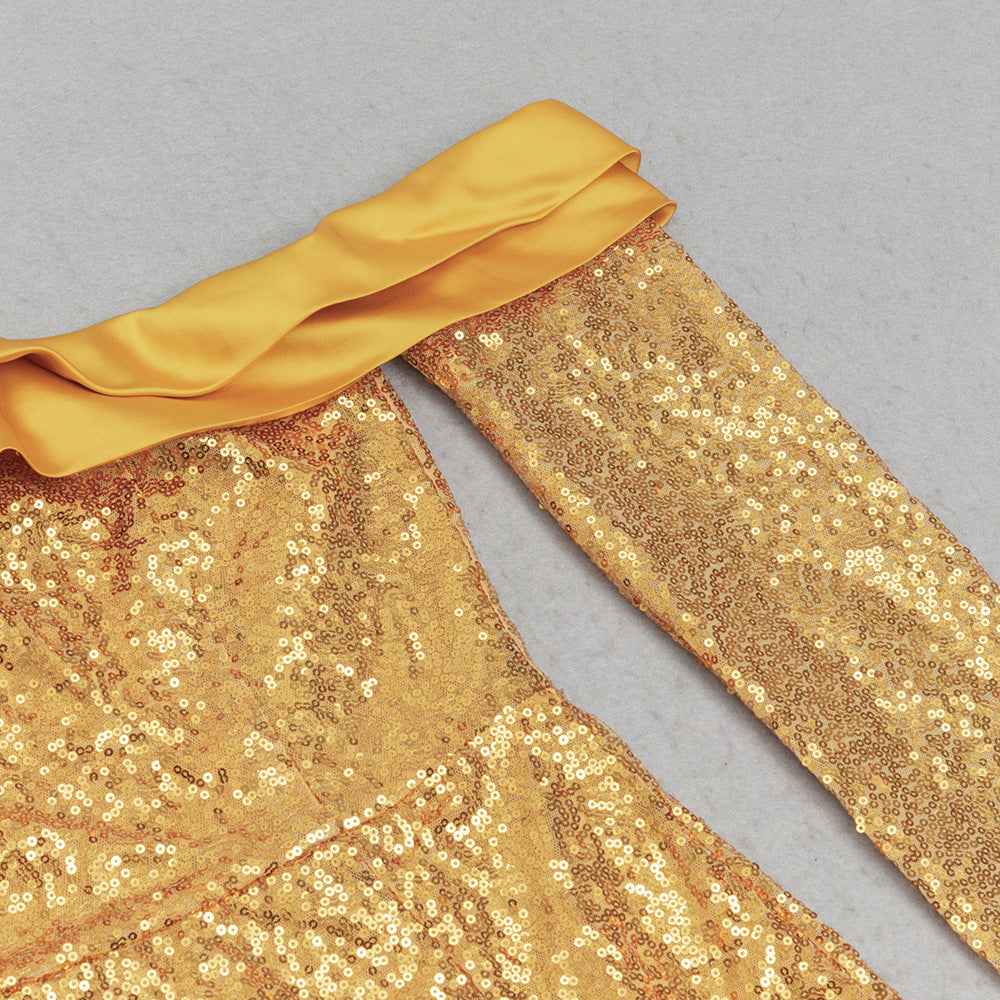 Elegant Yellow Sequin Off-shoulder Dress