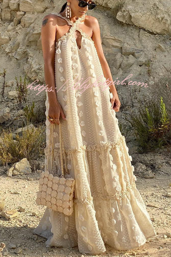 3D Floral Applique Halter Keyhole Tiered Maxi Dress
