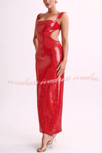 Eye Catching Sequin Cutout Waist Wide Strap Bacakless Maxi Dress