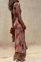 Abstract Tie Dye Print Ruched Side Slit Long Sleeve Midi Dress