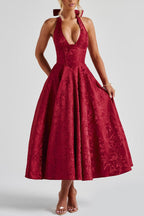 Jacquard Halter Neck Deep V-Neck Bustier Pleated A-Line Midi Dress