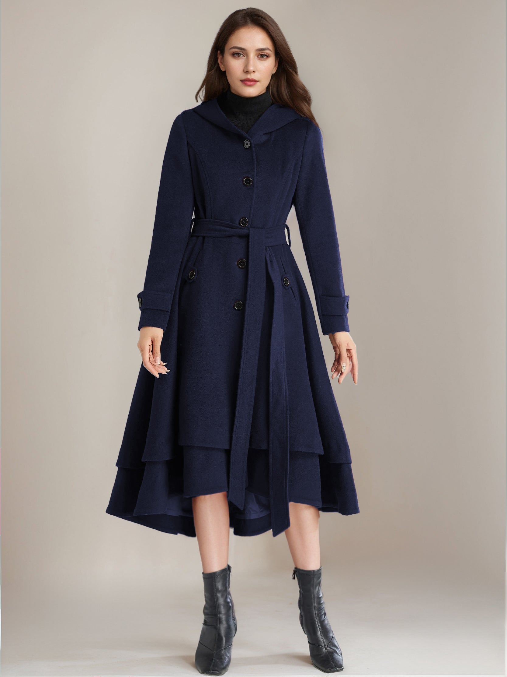 Woolen Flared Coat For Woman Hooded Belted A-line Vintage Winter Midi Outerwear 2026