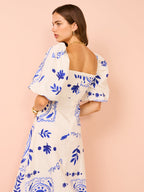 Mediterranean Graphic Print Square Neck Puff Sleeve Tiered Ruffle Hem Maxi Dress