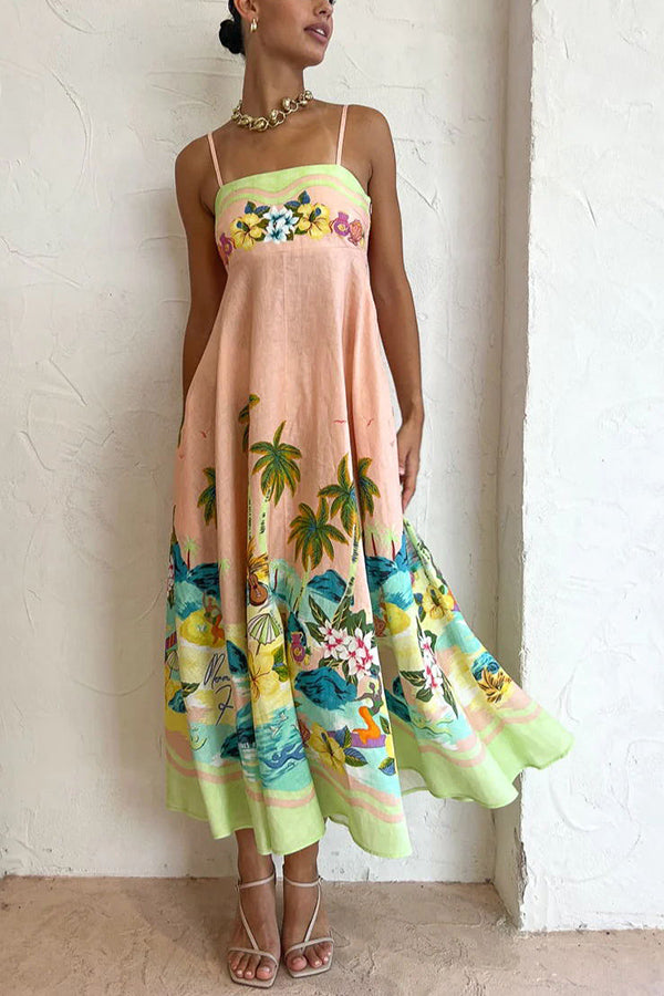 Tropical Palm Print Scallop Trim Spaghetti Strap Maxi Dress