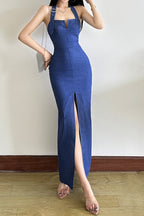 Denim Halter Neck Bustier Buckle Strap High Split Maxi Dress
