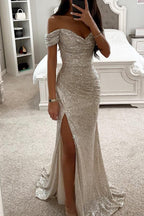 Off Shoulder Sweetheart Ruched Sequin Thigh Slit Maxi Gown