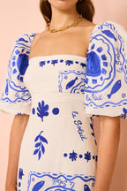 Mediterranean Graphic Print Square Neck Puff Sleeve Tiered Ruffle Hem Maxi Dress