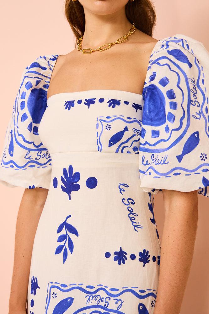 Mediterranean Graphic Print Square Neck Puff Sleeve Tiered Ruffle Hem Maxi Dress